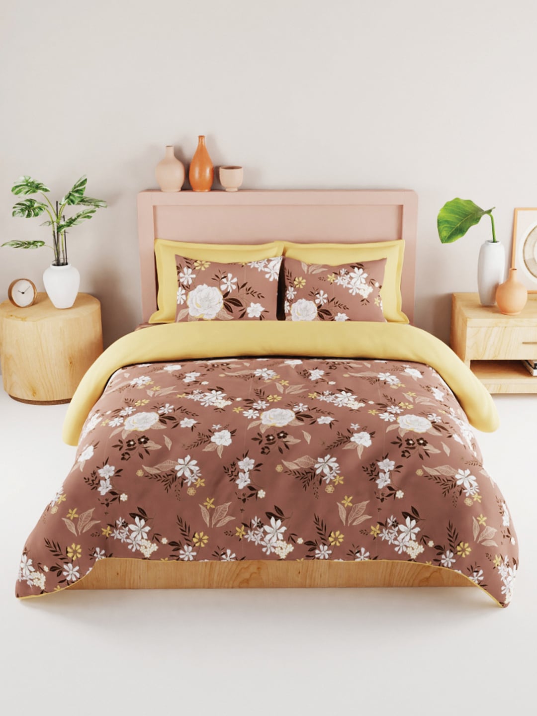 BIANCA Brown & White Floral 186 TC King Bedsheet with 2 Pillow Covers | Grocsy