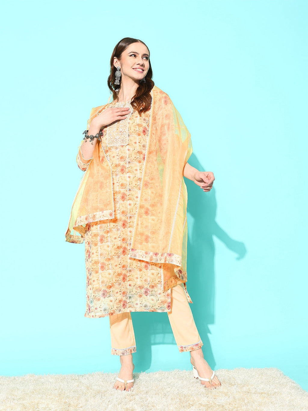 Sangria Floral Embroidered Regular Thread Work Linen Kurta with Trousers & With Dupatta | Grocsy