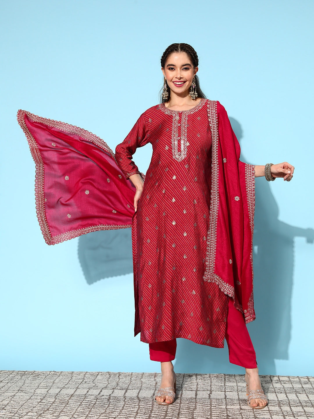 Sangria Floral Kurta with Trousers & Dupatta | Grocsy