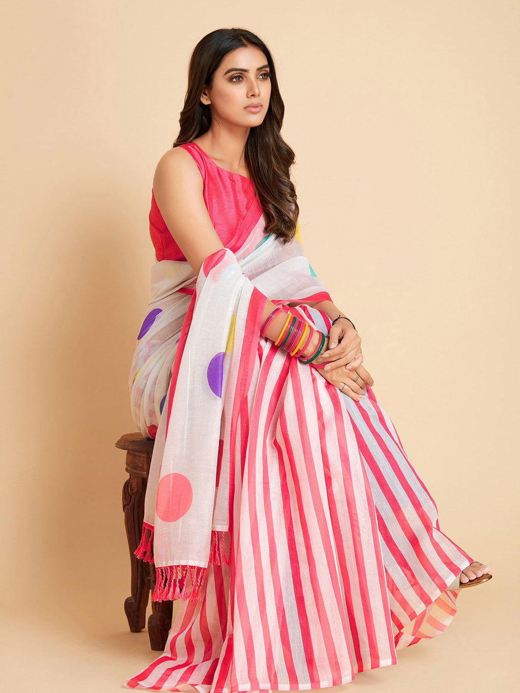 Sangria White & Pink Polka Dotted Saree | Grocsy