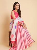 Sangria White & Pink Polka Dotted Saree | Grocsy
