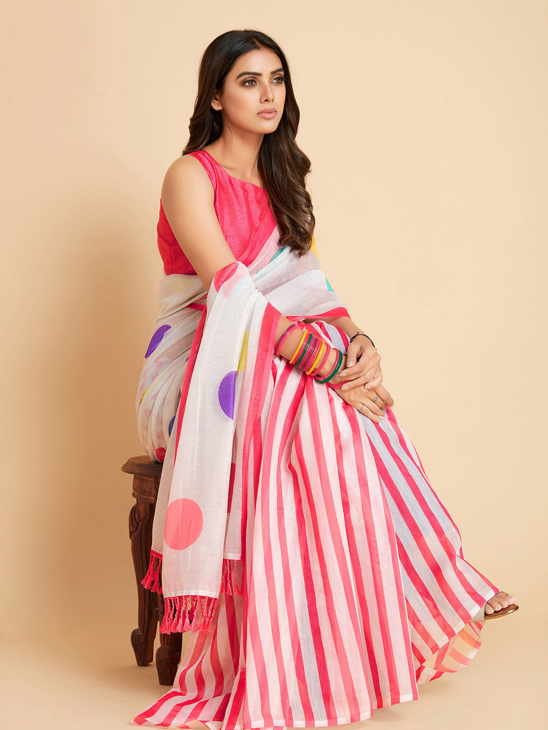 Sangria White & Pink Polka Dotted Saree | Grocsy