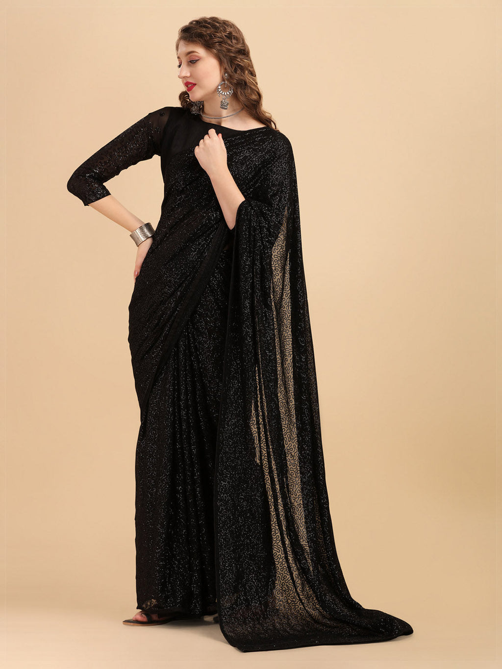 Sangria Black Embellished Sequinned Pure Georgette Saree | Grocsy