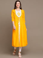 HERE&NOW Round Neck Embroidered Yoke Design Gotta Patti Layered Pure Cotton A-Line Kurta | Grocsy