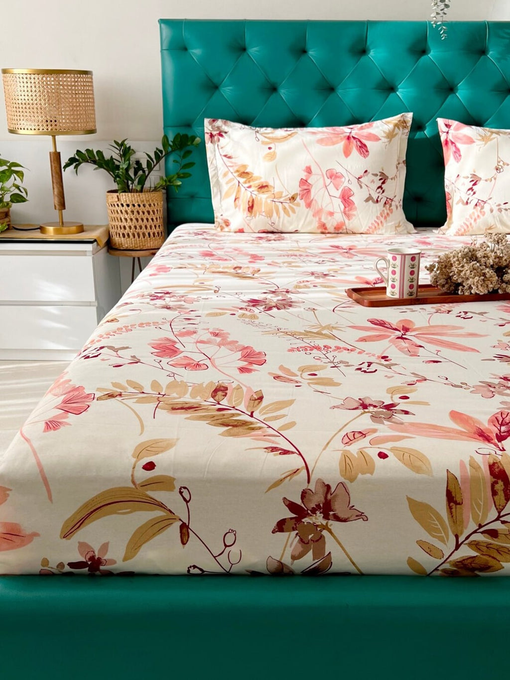 URBAN SPACE Serene White Floral Printed 200 TC Pure Cotton Bedsheet & Pillow Covers | Grocsy