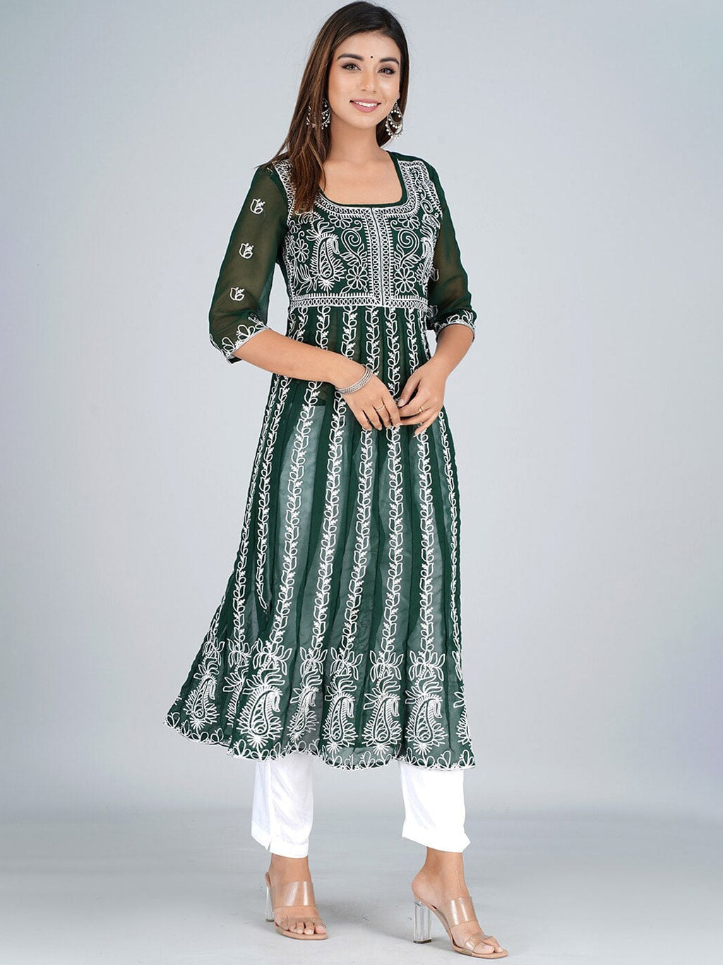 HERE&NOW Ethnic Motifs Embroidered Square Neck Georgette Anarkali Kurta | Grocsy