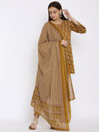 HERE&NOW Mustard Yellow Floral Printed A-Line Kurta with Dhoti Pants & With Dupatta | Grocsy
