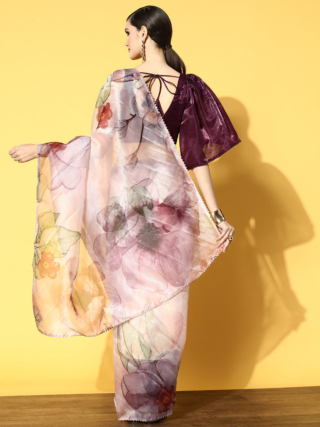 Tikhi Imli Pink & Mauve Floral Organza Saree | Grocsy