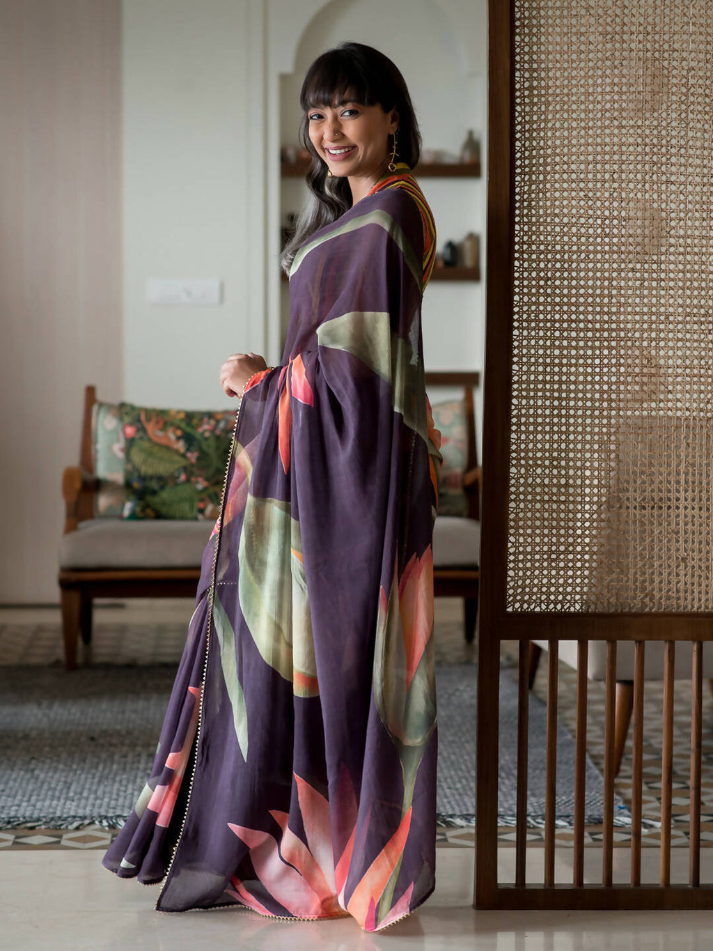 Suta Purple Floral Pure Cotton Saree | Grocsy