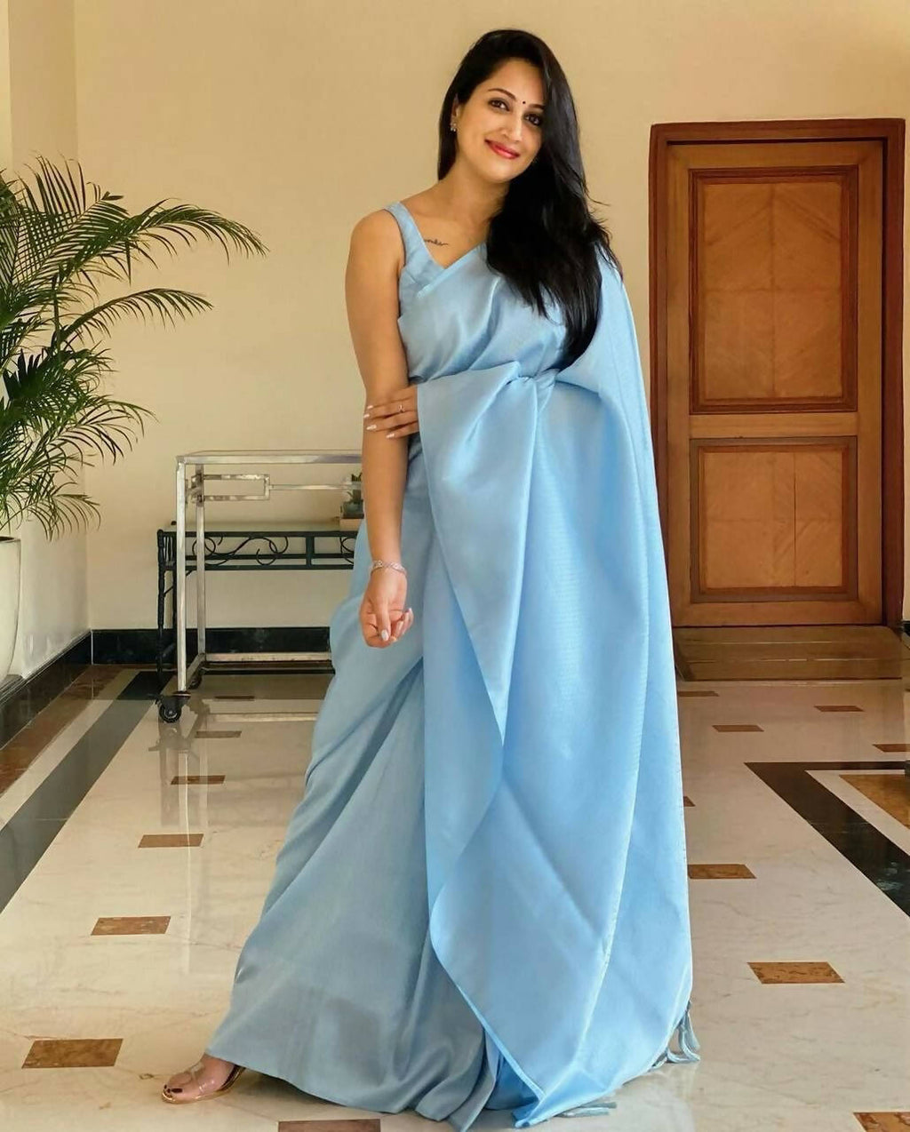 DEIANA'S Beautiful Designer Golden zari Soft Lichi Silk Saree - Sky | Grocsy