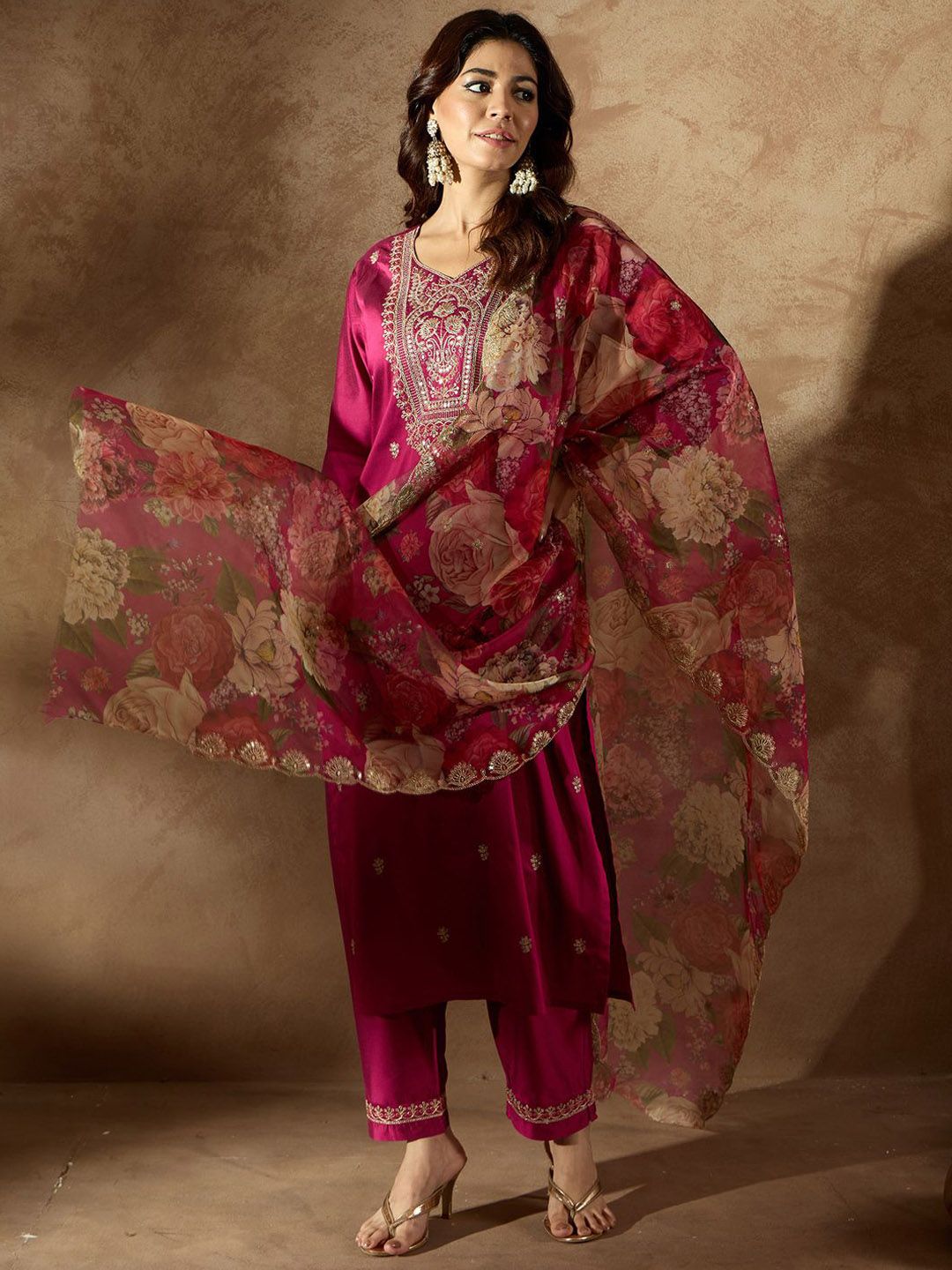 Indo Era Women Floral Embroidered Regular Kurta with Trousers & With Dupatta | Grocsy