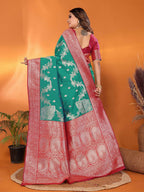 Joban Fashion Banarasi Pine Green Woven Soft Silk Saree | Grocsy