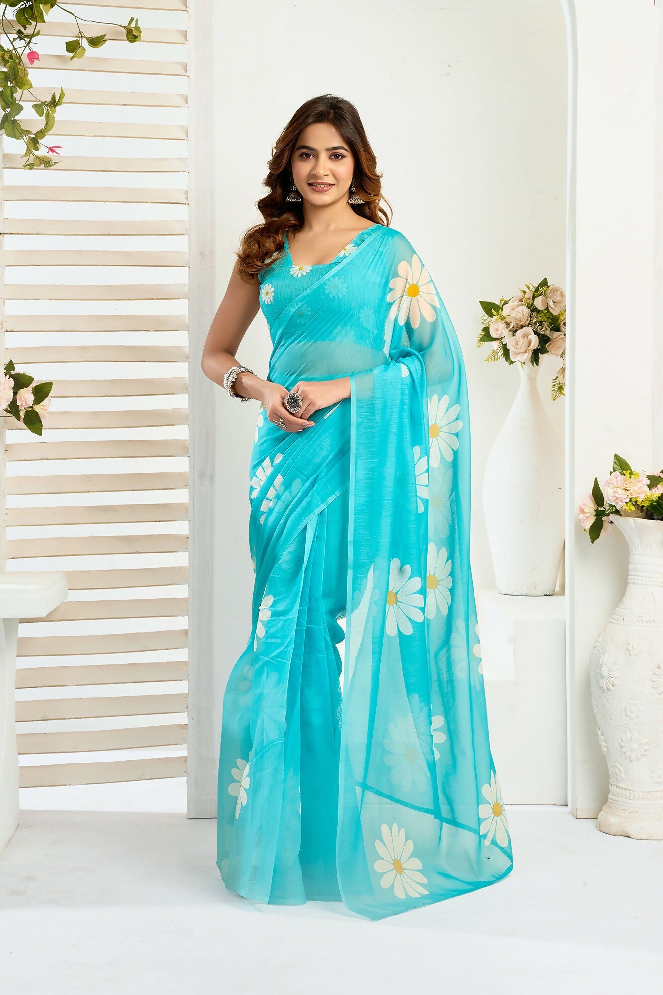 Vastranavya Sky Blue Digital Printed Linen Ready To Wear Designer Saree with Unstitched Blouse | Grocsy