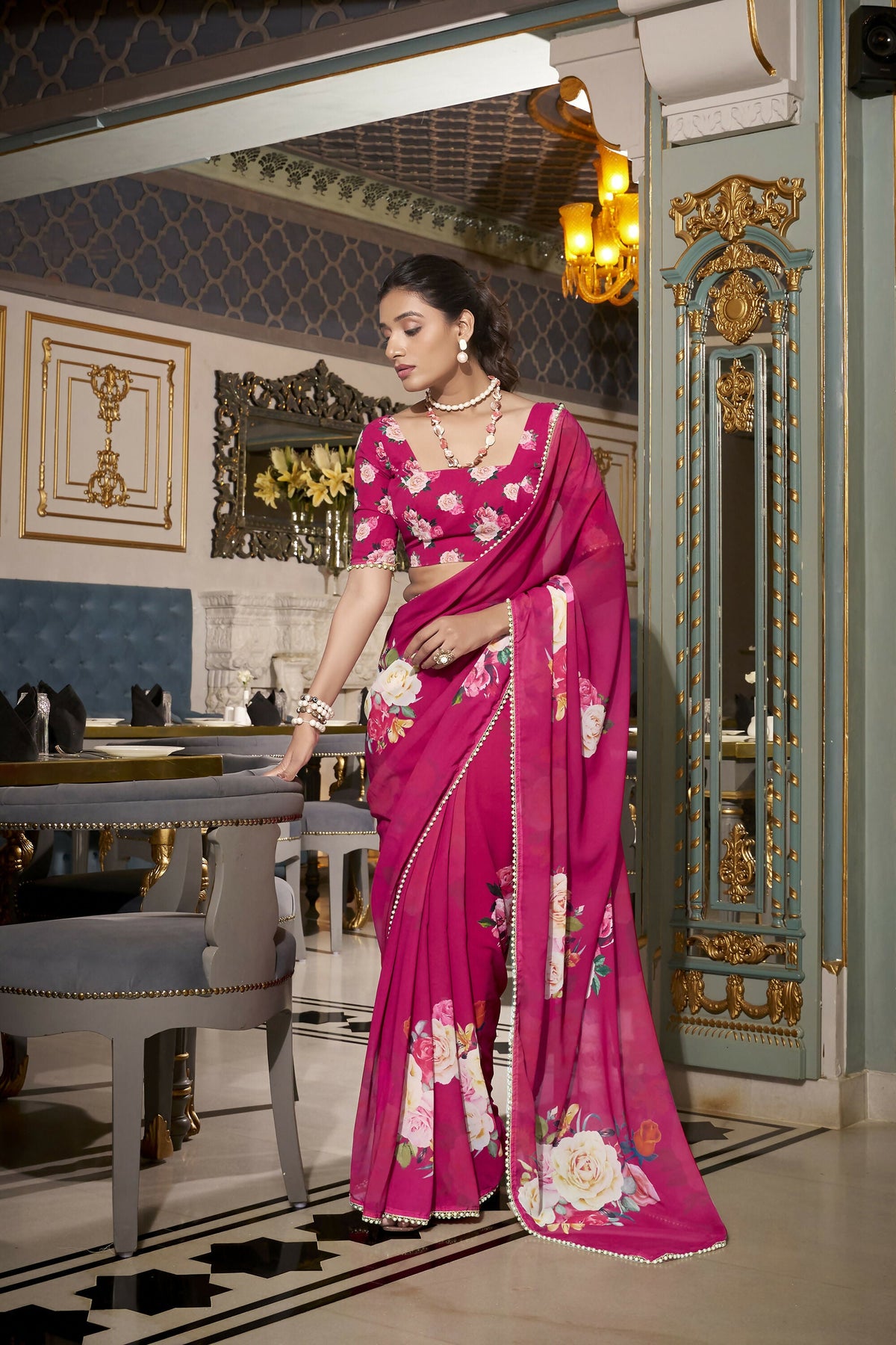 Vastranavya Pink Spectacular Georgette Printed with Pearl Lace Saree with Unstitched Blouse | Grocsy