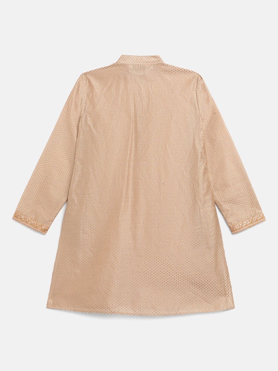 Ahalyaa Boys Beige Poly Silk Gold Printed Kids Kurta Churidar Set | Grocsy