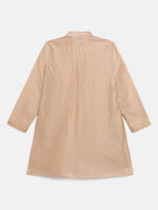 Ahalyaa Boys Beige Poly Silk Gold Printed Kids Kurta Churidar Set | Grocsy