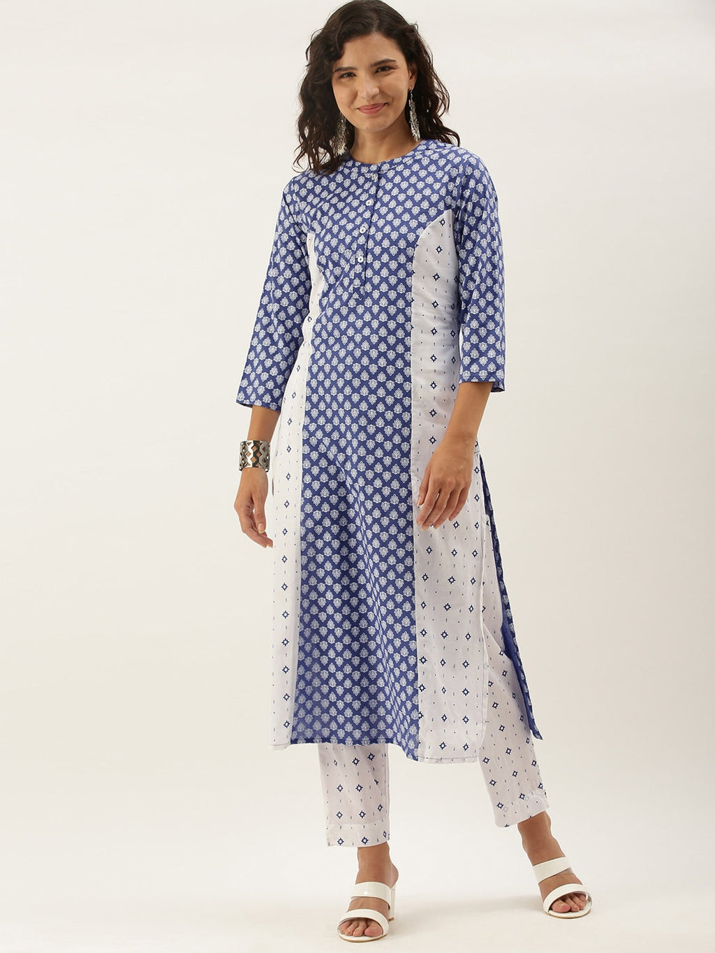 Sangria Women White Ethnic Motifs Printed Panelled Pure Cotton Kurta with Trousers | Grocsy