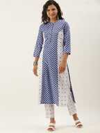Sangria Women White Ethnic Motifs Printed Panelled Pure Cotton Kurta with Trousers | Grocsy