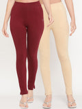TAG 7 Women Beige & Maroon Pack of 2 Straight Fit Ankle-Length Leggings | Grocsy