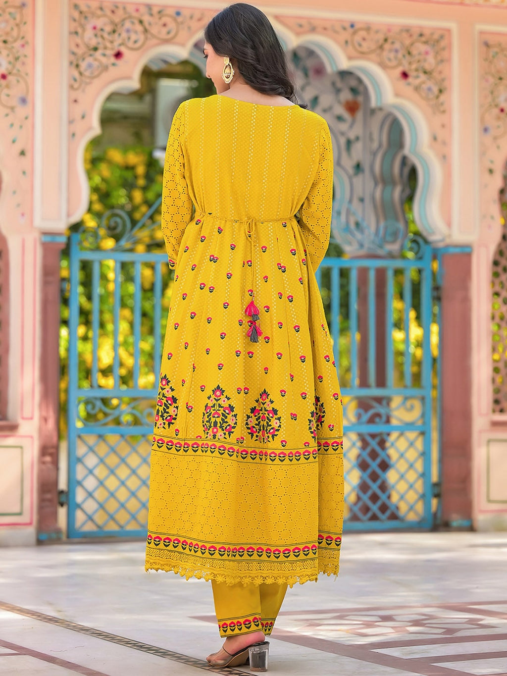 Sangria Yellow Floral Printed & Mirror Work Cotton Anarkali Kurta With Trouser & Dupatta | Grocsy