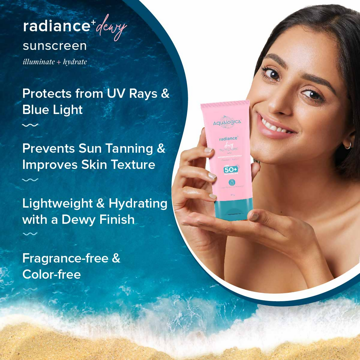 Aqualogica Radiance+ Dewy Lightweight Sunscreen Gel SPF 50+ PA+++ | Grocsy