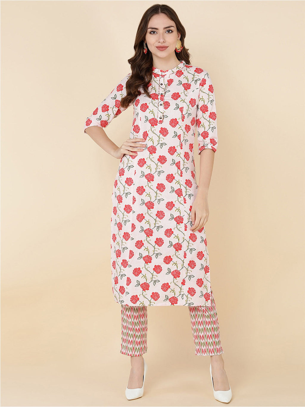 HERE&NOW Women Pink Floral Printed Kurta with Trousers | Grocsy