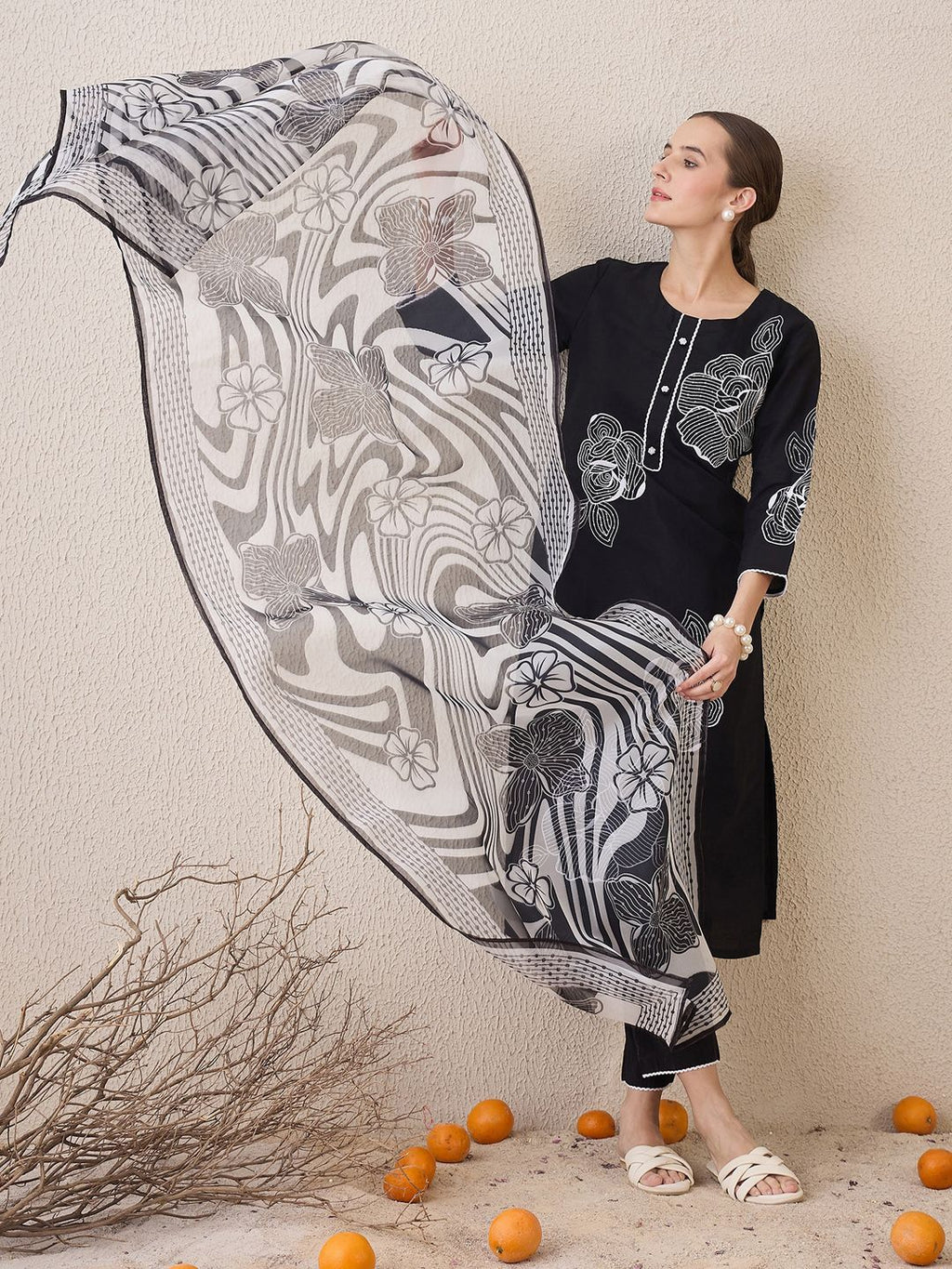 Indo Era Floral Embroidered Round Neck Sequinned Linen Kurta With Trousers & Dupatta | Grocsy