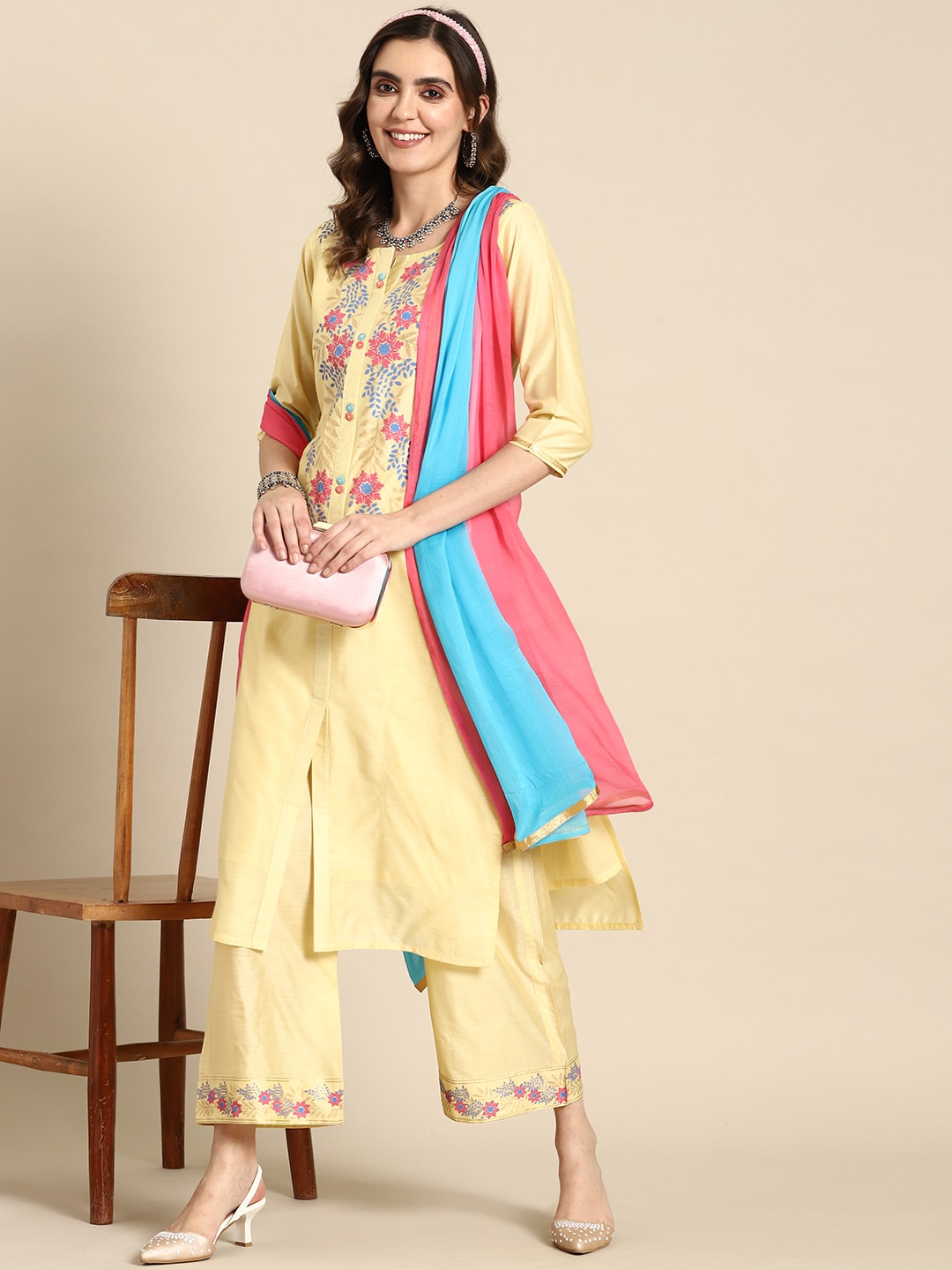 Sangria Women Floral Printed Regular Chanderi Cotton Kurta with Palazzos & With Dupatta | Grocsy