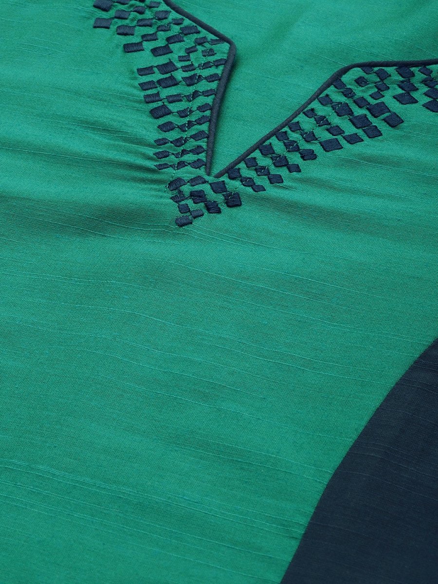 All About You Women Green & Navy Blue Colourblocked Kurta with Trousers | Grocsy