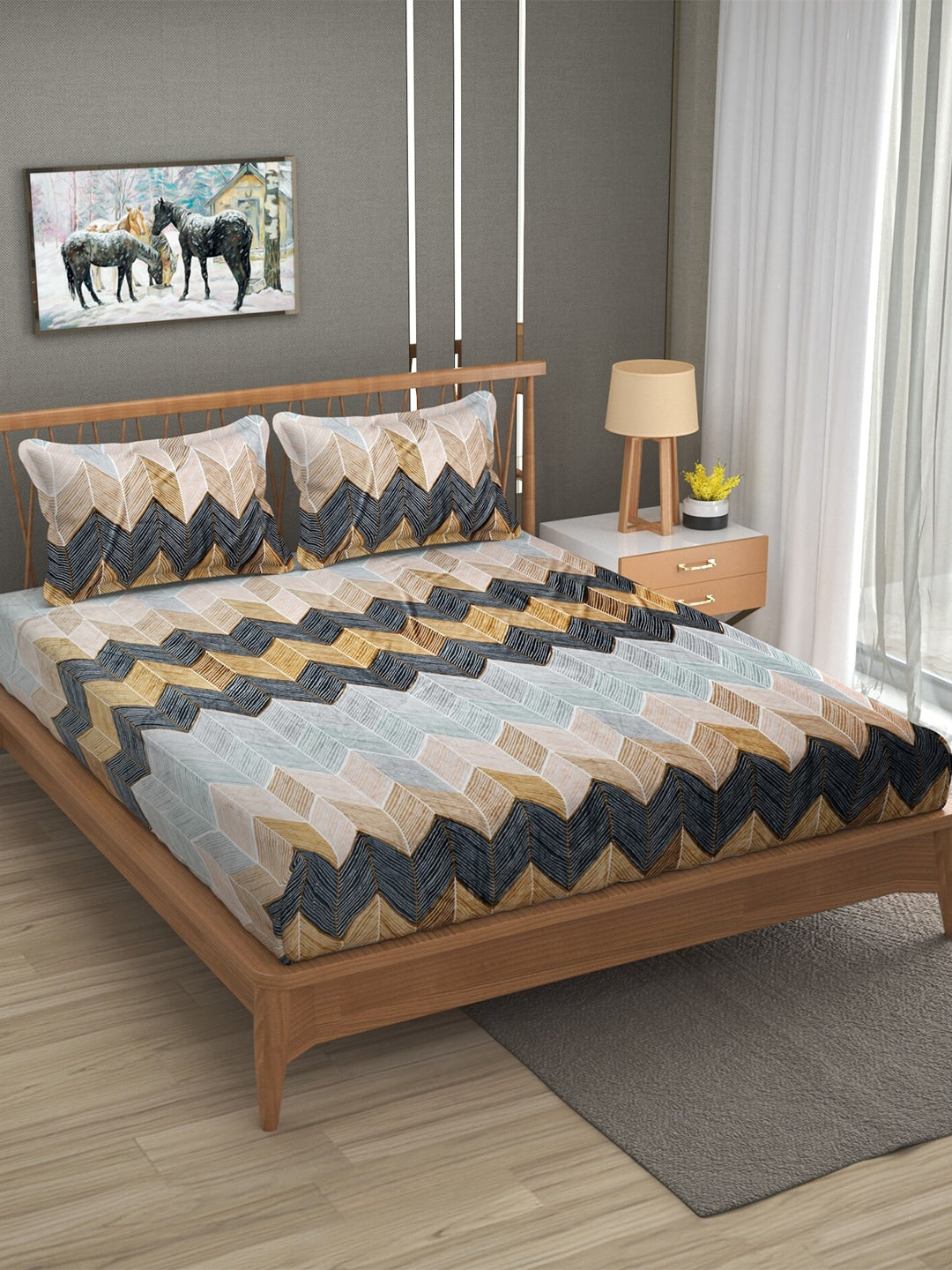 Stylespace by Isha Grey & Blue Geometric Velvet 330 TC King Bedsheet with 2 Pillow Covers | Grocsy