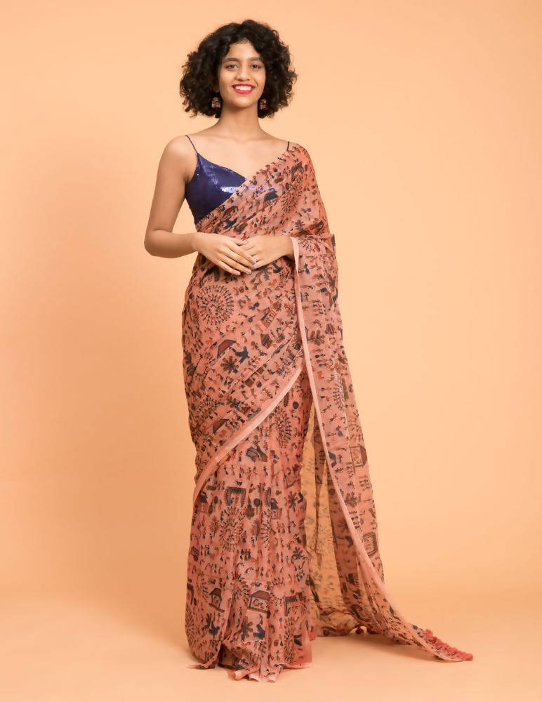 Suta Peach Blue Warli Printed Pure Cotton Saree | Grocsy