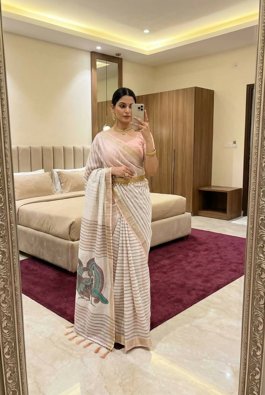 Vastranavya Peach Linen Cotton Meenakari Weaving Pallu Saree with Contrast Blouse | Grocsy