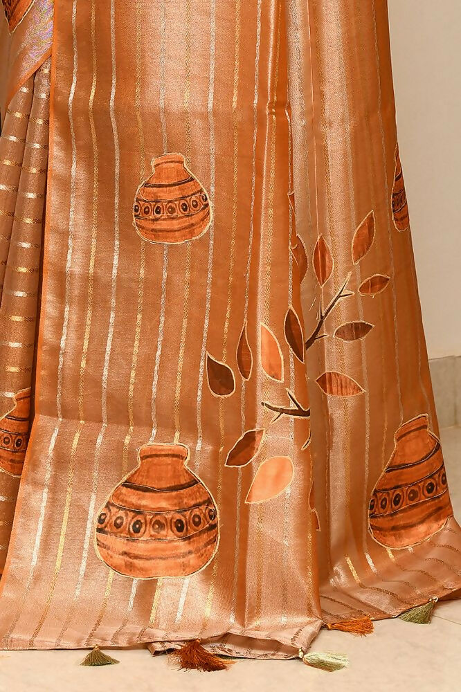 Joban Fashion Orange Saree Tissue Zari Buti Allover Matka Applick With Contrast Blouse | Grocsy