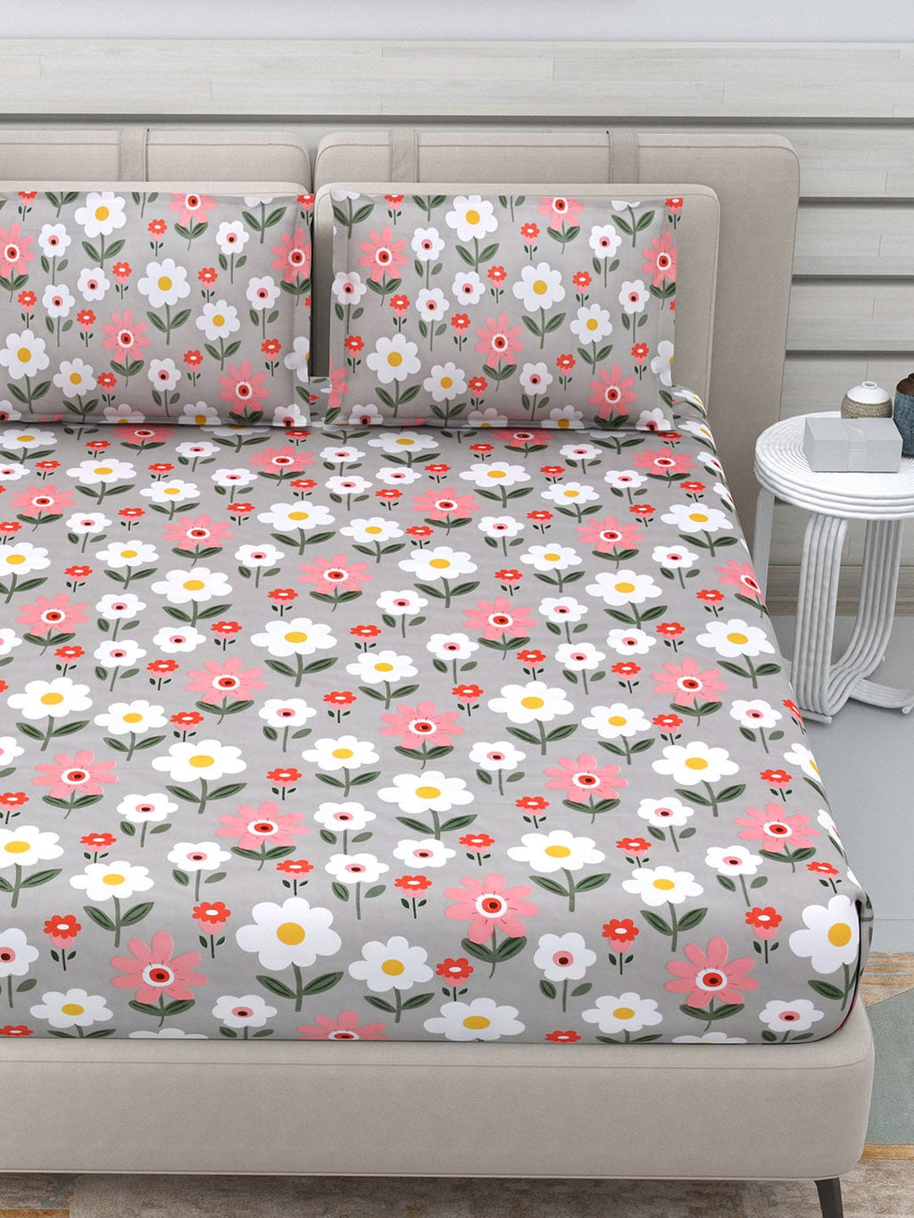 DREAM WEAVERZ Silver & Pink Pure Cotton Floral Queen Bedsheet with 2 Pillow Covers | Grocsy