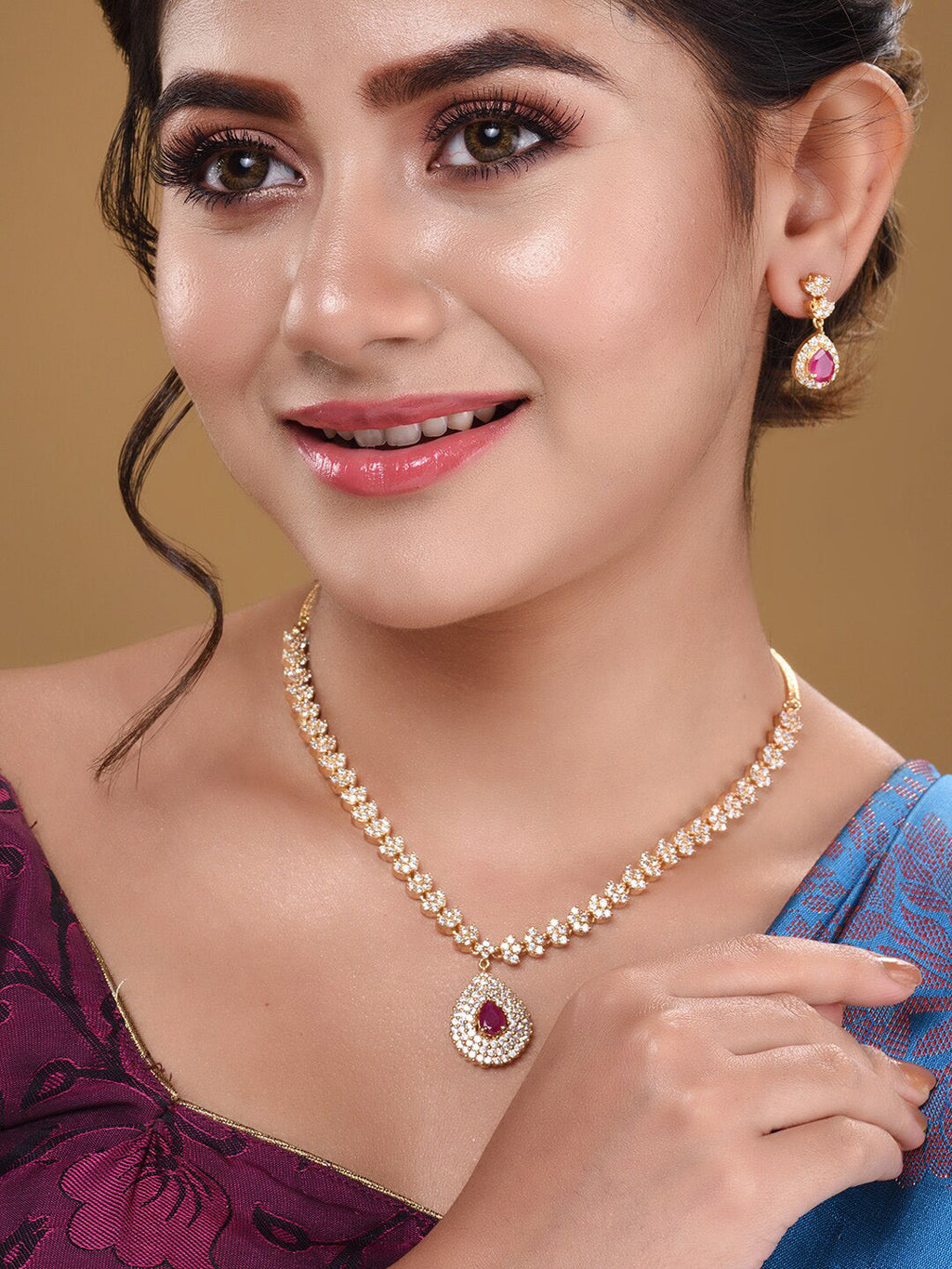 Saraf RS Jewellery Gold-Polished White & Red American Diamond Studded & Beaded Handcrafted Jewellery Set | Grocsy