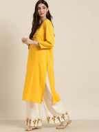 All About You Women Yellow & Beige Embroidered Kurta with Palazzos | Grocsy