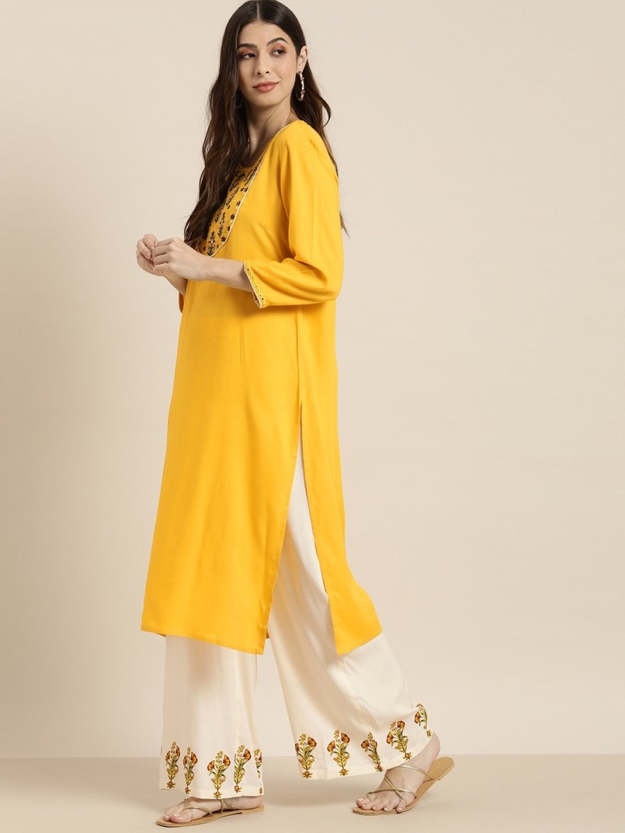 All About You Women Yellow & Beige Embroidered Kurta with Palazzos | Grocsy