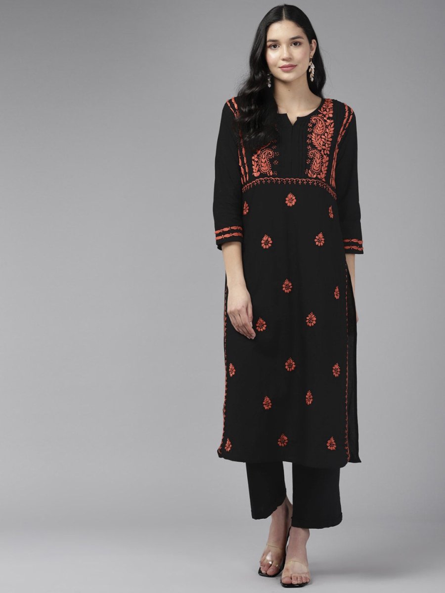ADA Ethnic Motifs Embroidered Chikankari Cotton Straight Kurta | Grocsy