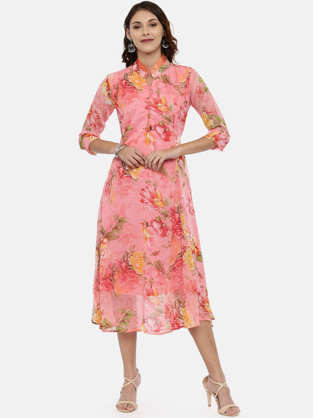 Souchii Women Pink Floral Printed A-Line Dress | Grocsy