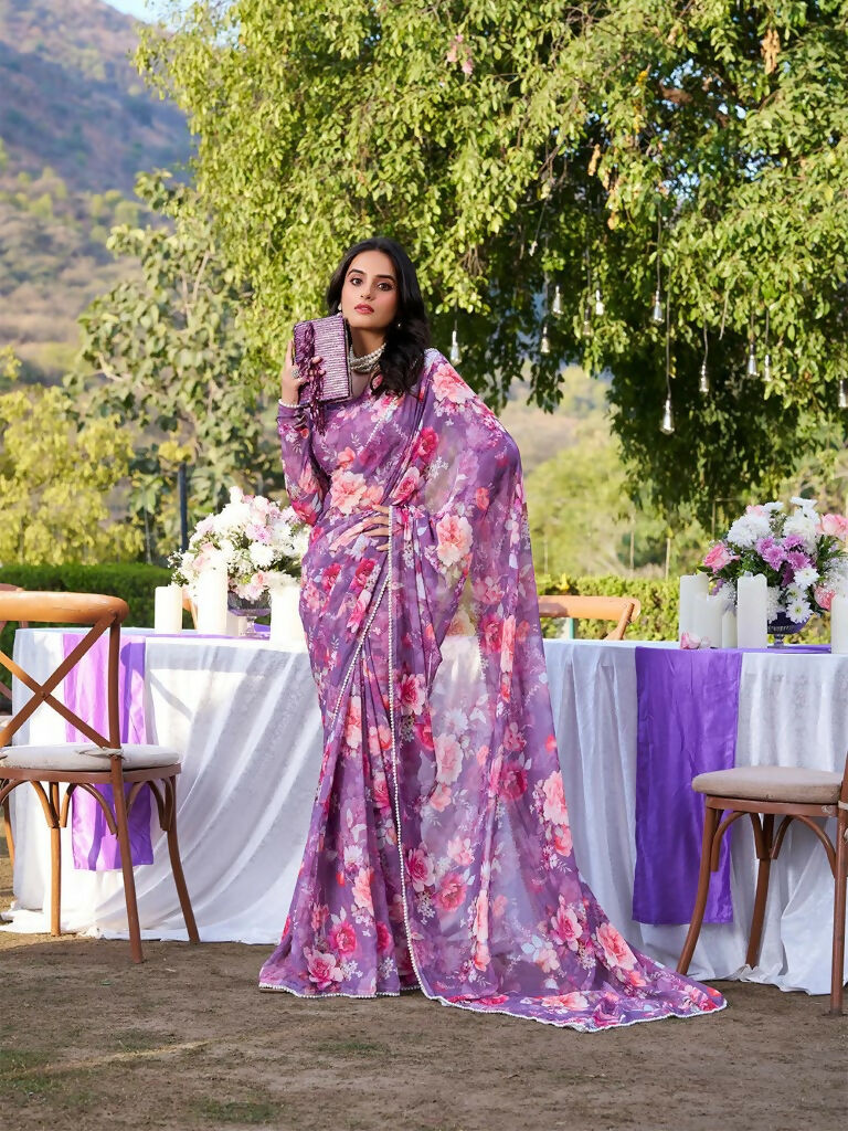 Vastranavya Onion Weightless Marble Printed & Pearl Lace Border Saree with Unstitched Blouse | Grocsy