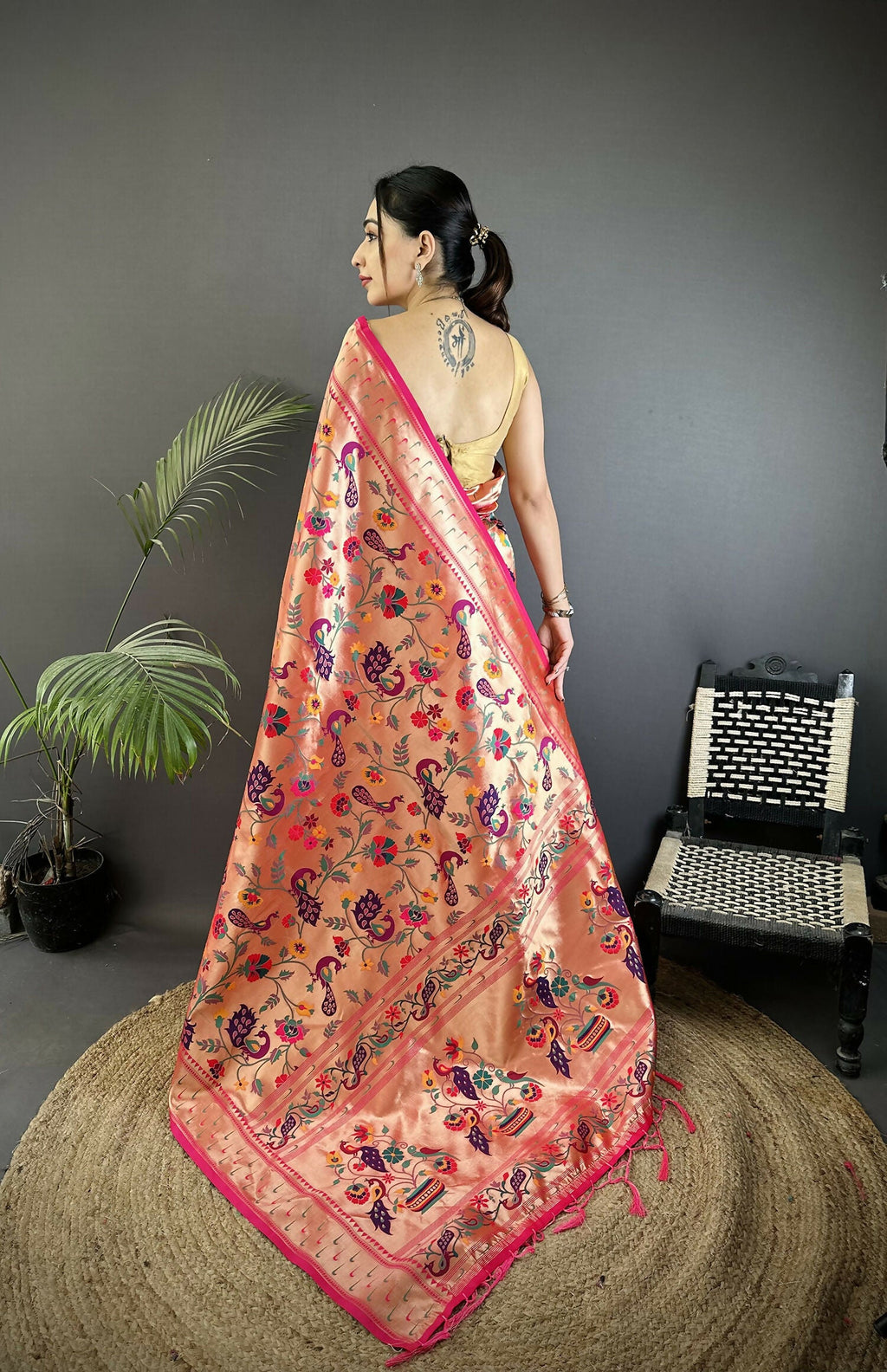 Joban Fashion Reddish Pink Peacocks Flowers & Leaves Soft Silk Paithani Saree | Grocsy