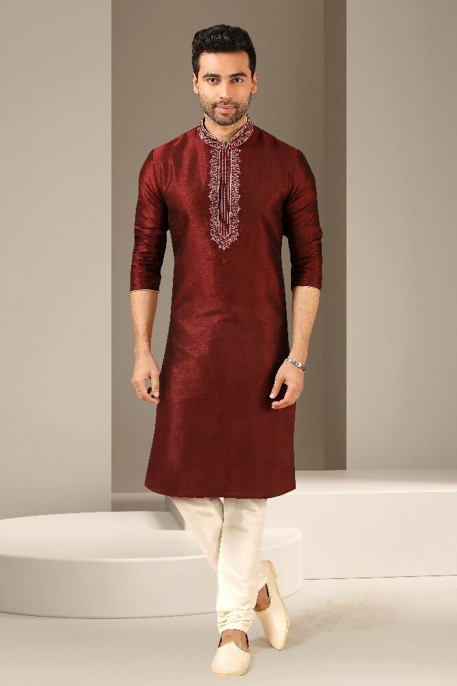 Raivat Ethnic Banarasi Art Silk Thread Work Kurta Pajama In Maroon Colour | Grocsy