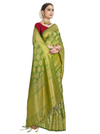 Vardha Women's Olive Green Kanchipuram Raw Silk Saree With Unstitched Blouse Piece | Grocsy