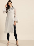 All About You Women Grey Bell Sleeves Yoke Design Thread Work Dobby Kurta | Grocsy