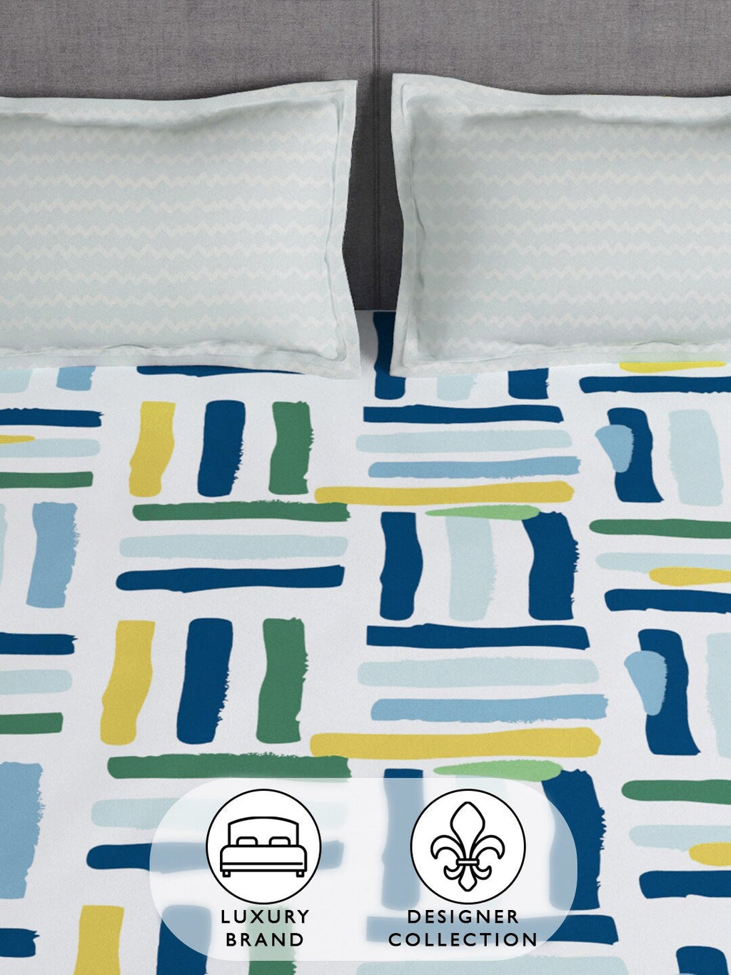 Story@home Arena White & Blue Geometric Printed 180 TC Queen Bedsheet & 2 Pillow Covers | Grocsy
