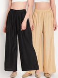 TAG 7 Women Pack Of 2 Black & Beige Solid Flared Palazzos | Grocsy