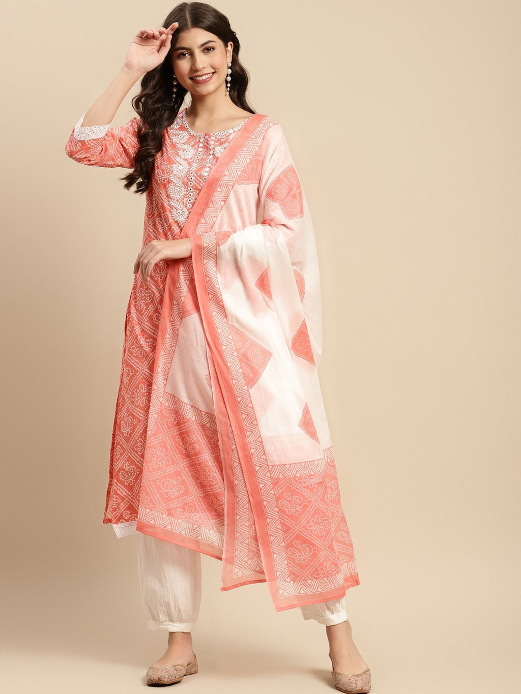 Sangria Orange & White Bandhani Printed Pure Cotton Kurta With Trouser & Dupatta | Grocsy
