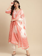 Sangria Orange & White Bandhani Printed Pure Cotton Kurta With Trouser & Dupatta | Grocsy
