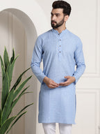 Sojanya Men Blue Dobby Self-Checked Straight Kurta | Grocsy