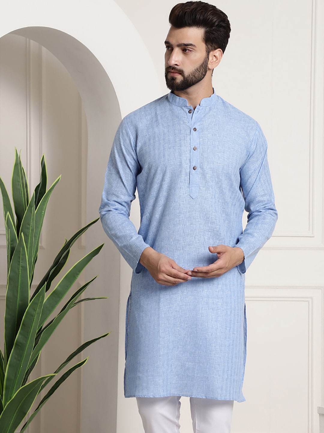 Sojanya Men Blue Dobby Self-Checked Straight Kurta | Grocsy